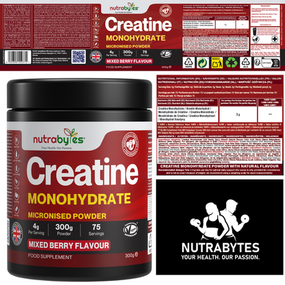 Creatine Monohydrate Powder 300g | Pure Micronised | 75 Servings | Mixed Berry Flavour | Vegan
