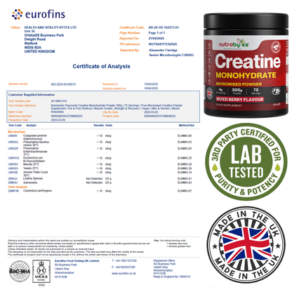 Creatine Monohydrate Powder 300g | Pure Micronised | 75 Servings | Mixed Berry Flavour | Vegan