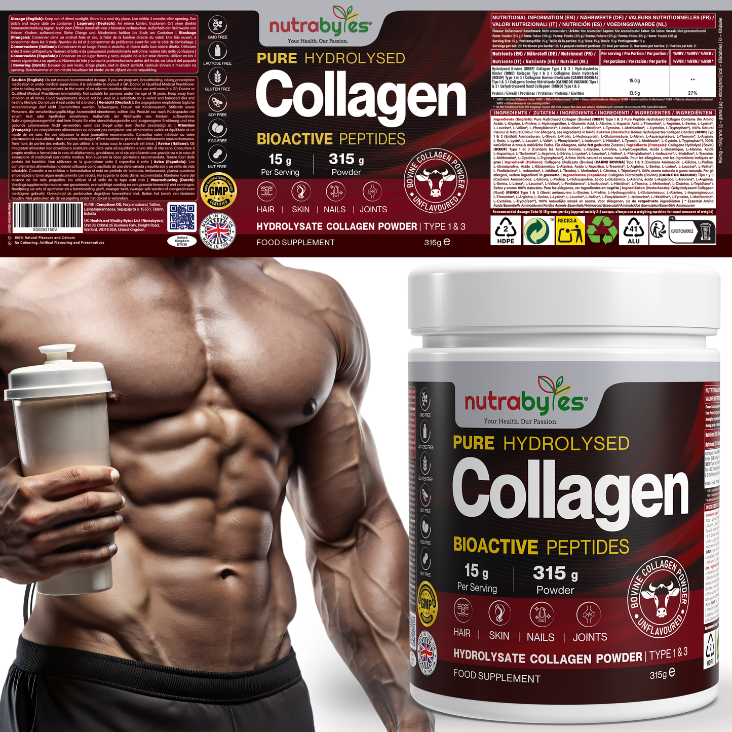 Grass Fed Bovine Collagen Powder 315g | Hydrolysed Peptides Types 1 & 3 | 19 Amino Acids | Unflavoured