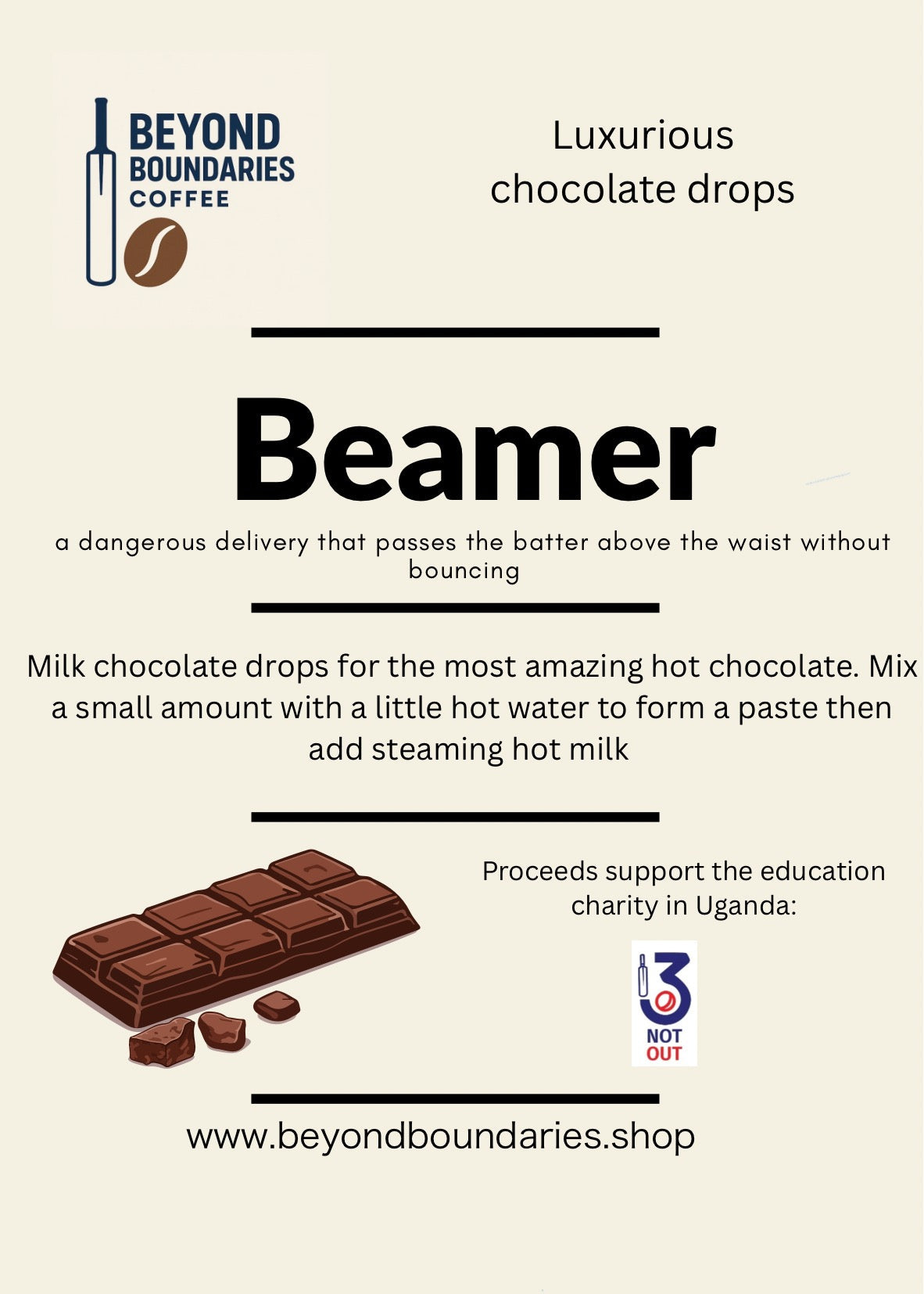 A product information card for 'Beyond Boundaries Coffee' featuring 'Luxurious chocolate drops' named 'Beamer'. The card has a light beige background with black text, a logo, a coffee bean illustration, and a chocolate bar graphic.