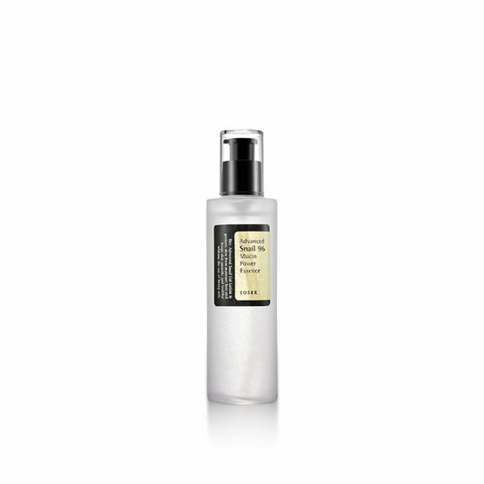 A frosted glass bottle of COSRX Advanced Snail 16 Mucin Power Pasture with a black pump and a beige label, set against a plain white background.