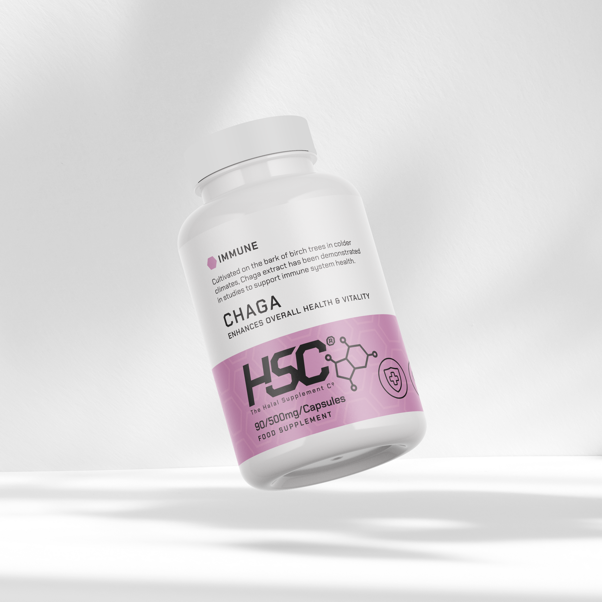 Supplement bottle labeled 'HSC' with 'Chaga' on a white background