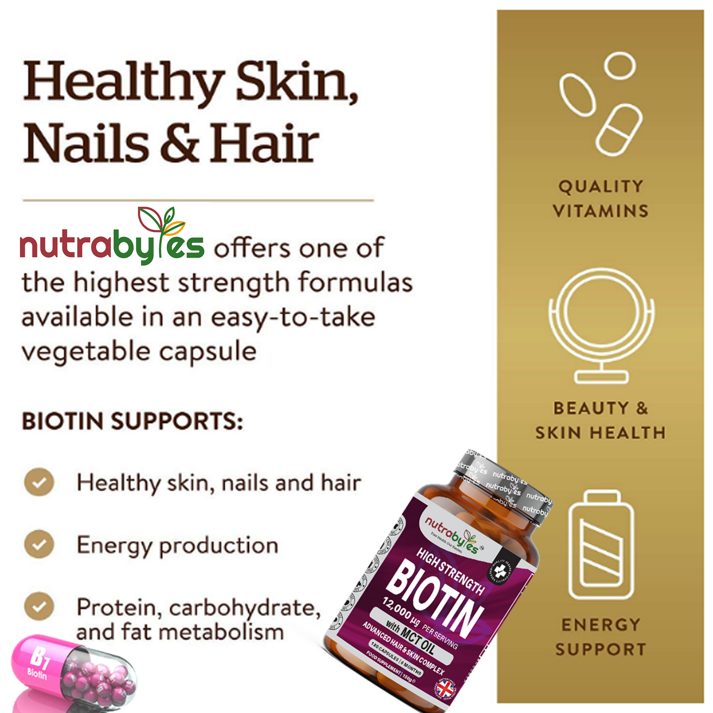 High Strength Biotin 12,000mcg with MCT Oil (Coconut) | 180 Vegan Capsules | 6-Month Supply