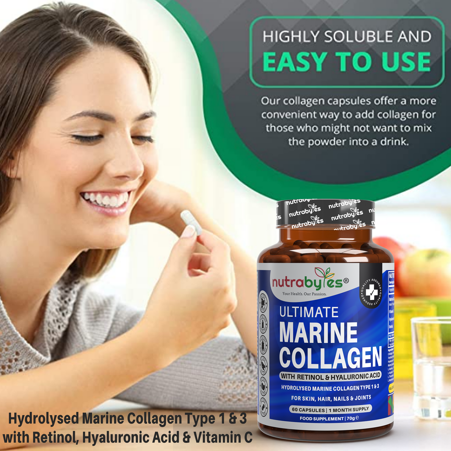 Ultimate Marine Collagen Capsules | Hyaluronic Acid, Vitamin C & Retinyl Acetate | 60 Capsules | 1-Month Supply