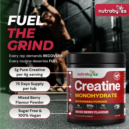 Creatine Monohydrate Powder 300g | Pure Micronised | 75 Servings | Mixed Berry Flavour | Vegan