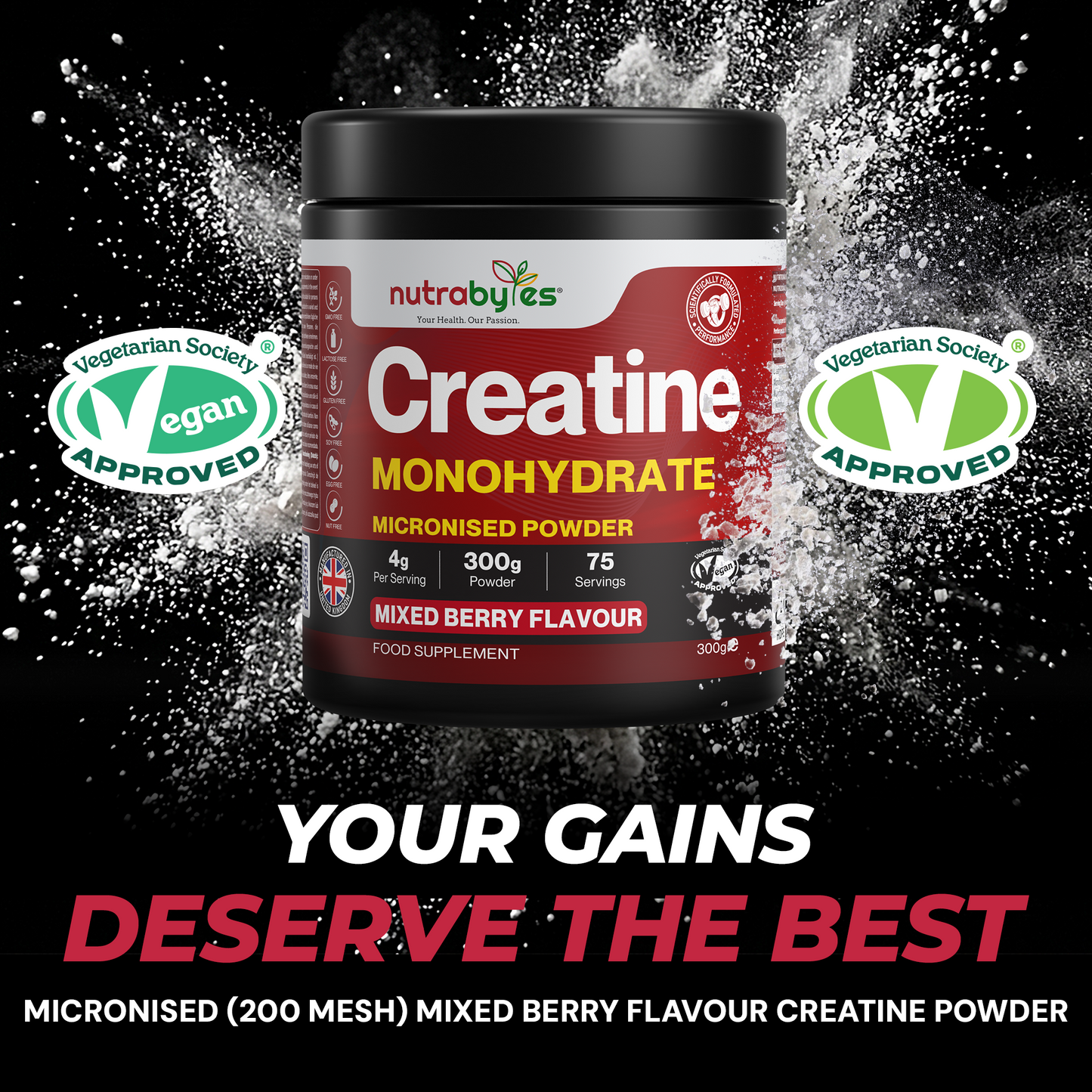 Creatine Monohydrate Powder 300g | Pure Micronised | 75 Servings | Mixed Berry Flavour | Vegan