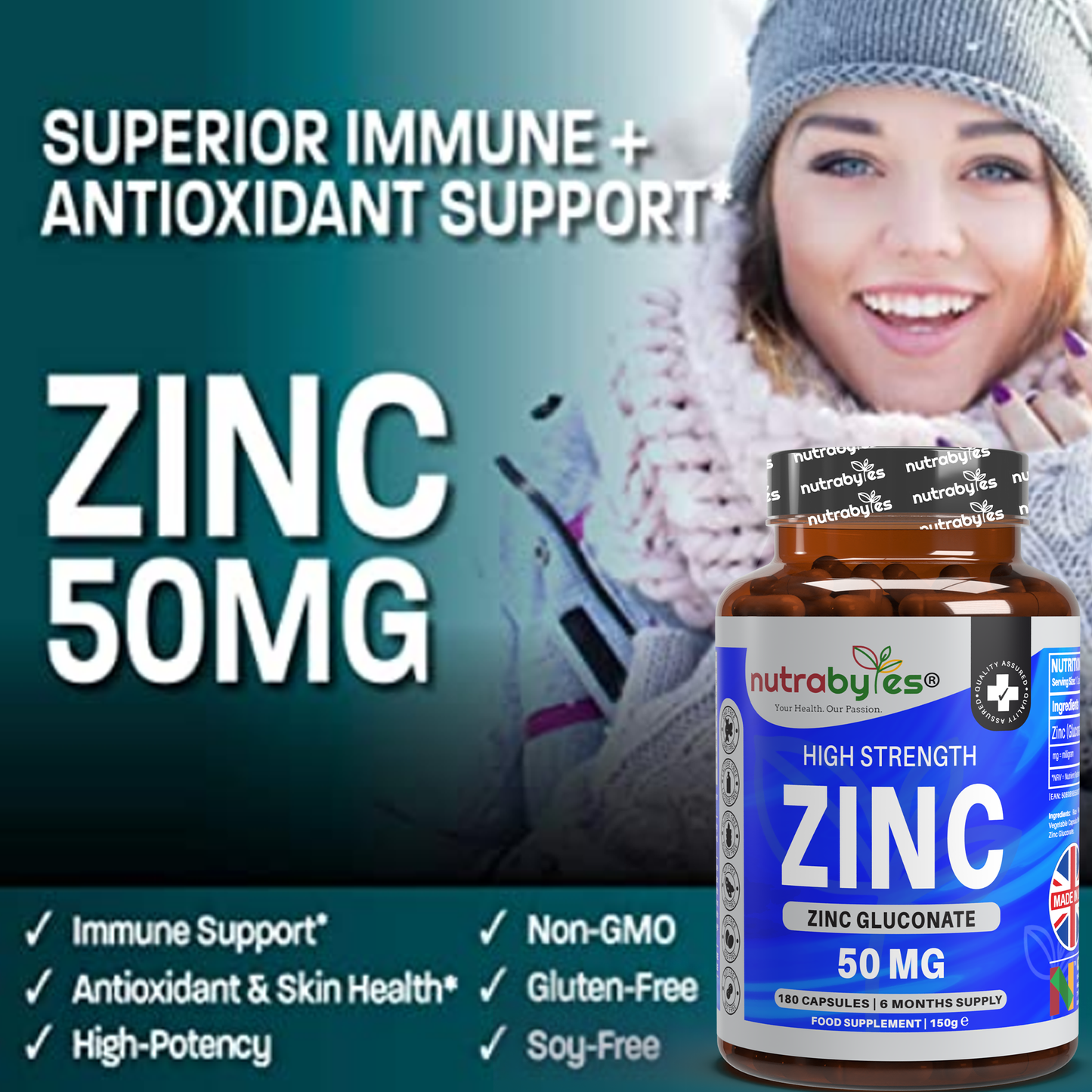 Zinc Gluconate 50mg | Maximum Strength | 180 Vegan Capsules | 6-Month Supply