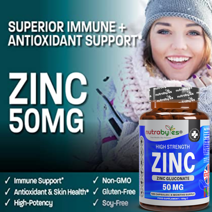 Zinc Gluconate 50mg | Maximum Strength | 180 Vegan Capsules | 6-Month Supply