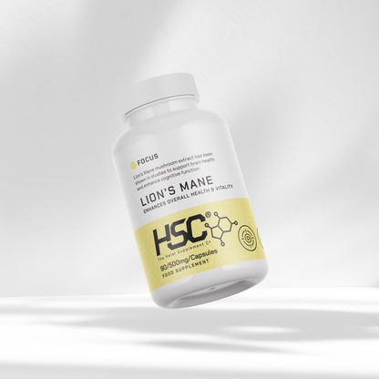 Supplement bottle labeled 'Lion's Mane' by HSC on a white background