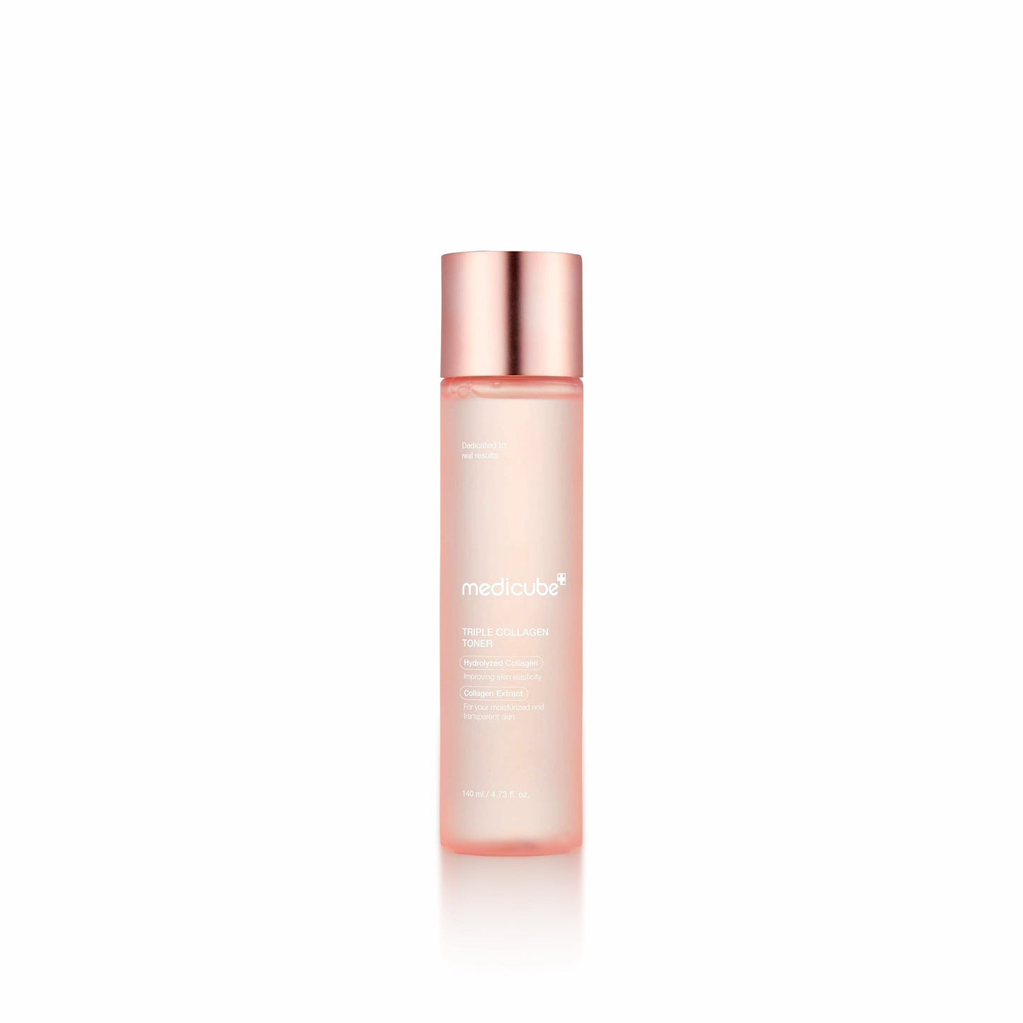 Skincare bottle with rose gold cap on a white background