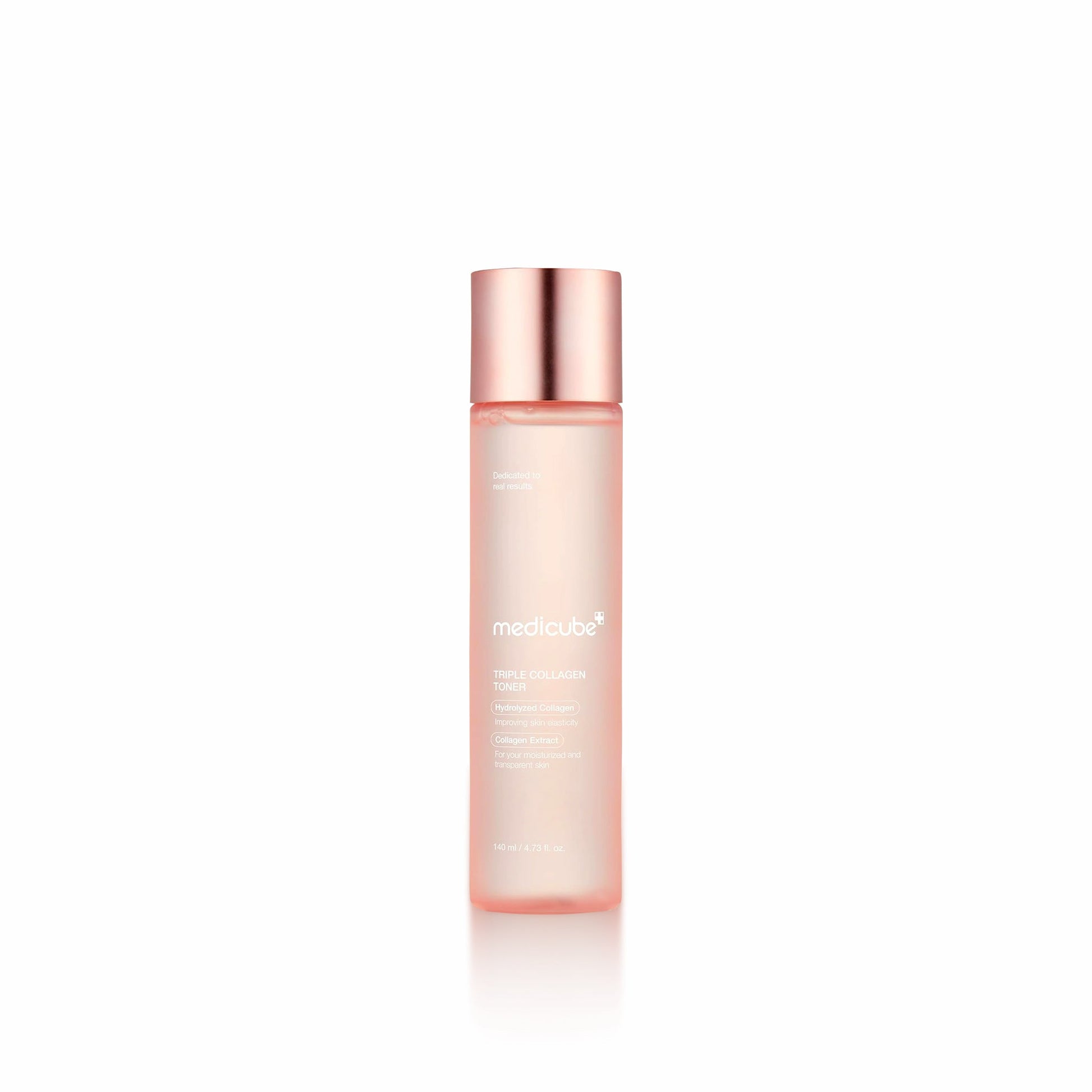 Skincare bottle with rose gold cap on a white background