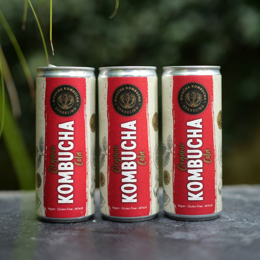 Three cans of Kombucha on a dark surface with a blurred green background