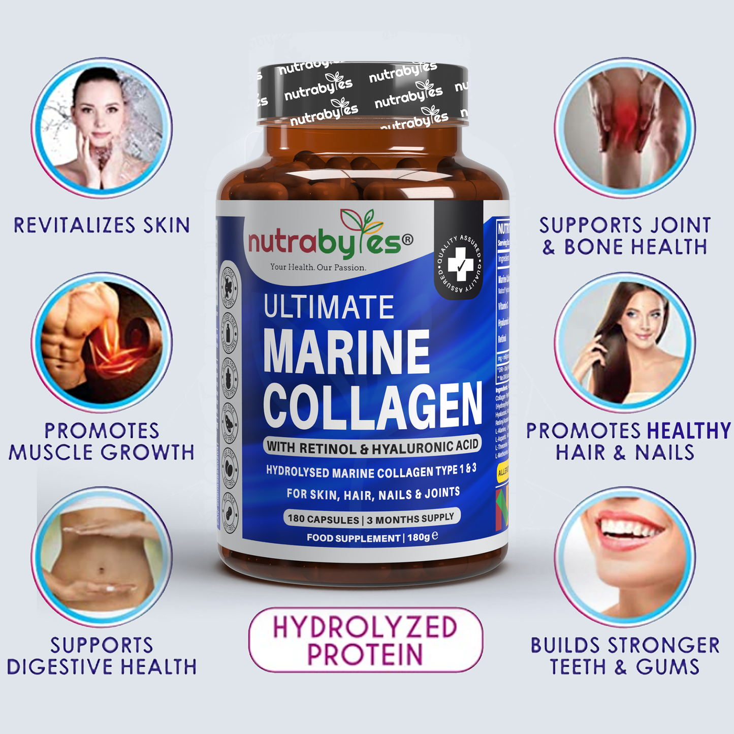 Ultimate Marine Collagen Capsules | Hyaluronic Acid, Vitamin C & Retinyl Acetate | 180 Capsules | 3-Month Supply