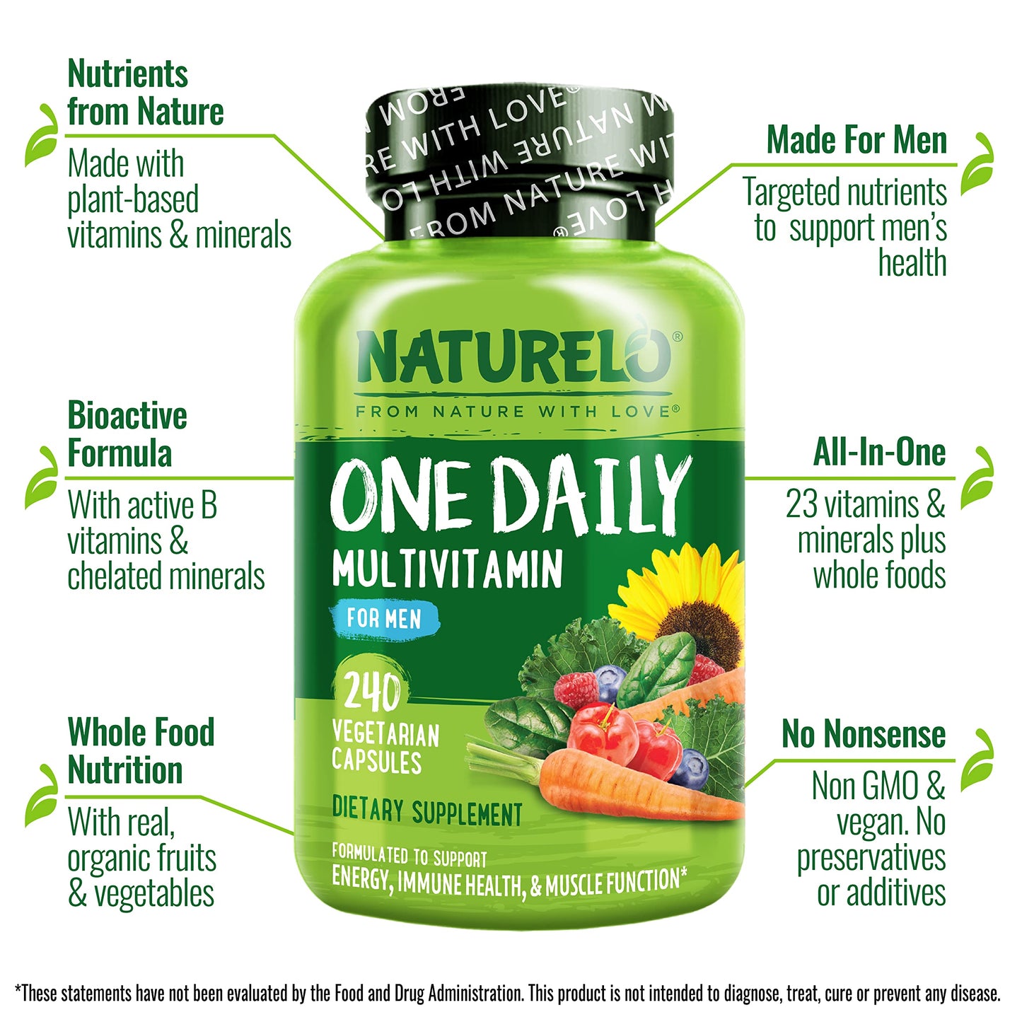NATURELO Mens Multivitamins – One Daily Multivitamin for Men with Organic Whole Foods & High-Absorption Nutrients | Non-GMO, 240 Veggie Capsules