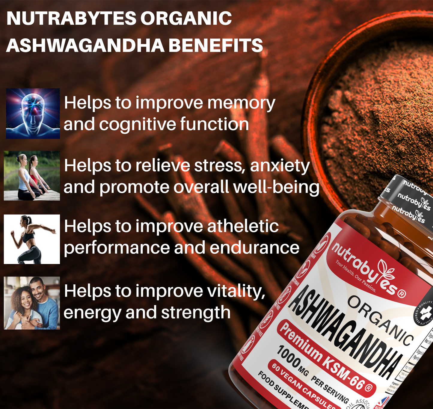 Organic Ashwagandha KSM-66® 1000mg | with Organic Black Pepper | 60 Vegan Capsules