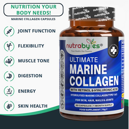 Ultimate Marine Collagen Capsules | Hyaluronic Acid, Vitamin C & Retinyl Acetate | 60 Capsules | 1-Month Supply