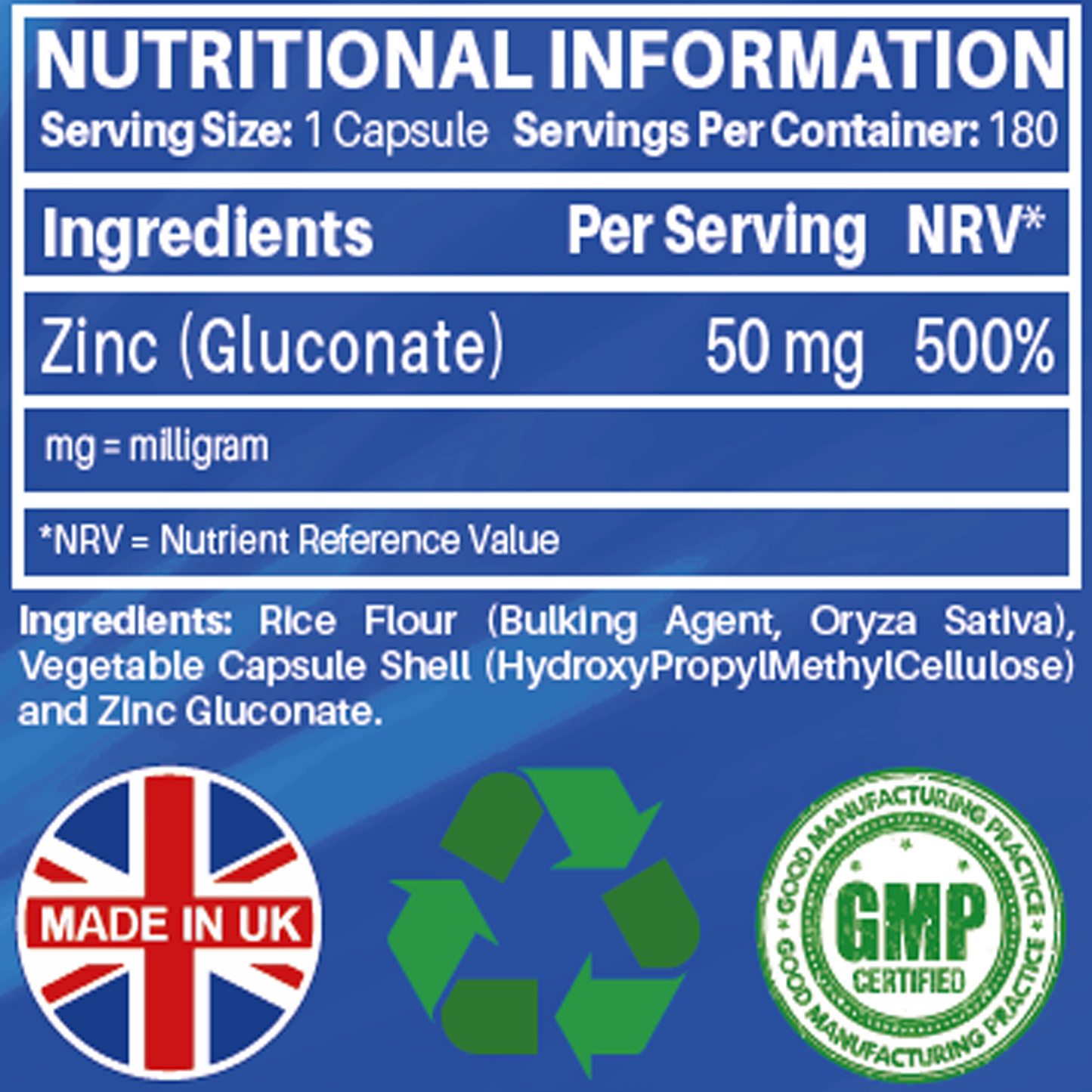 Zinc Gluconate 50mg | Maximum Strength | 180 Vegan Capsules | 6-Month Supply