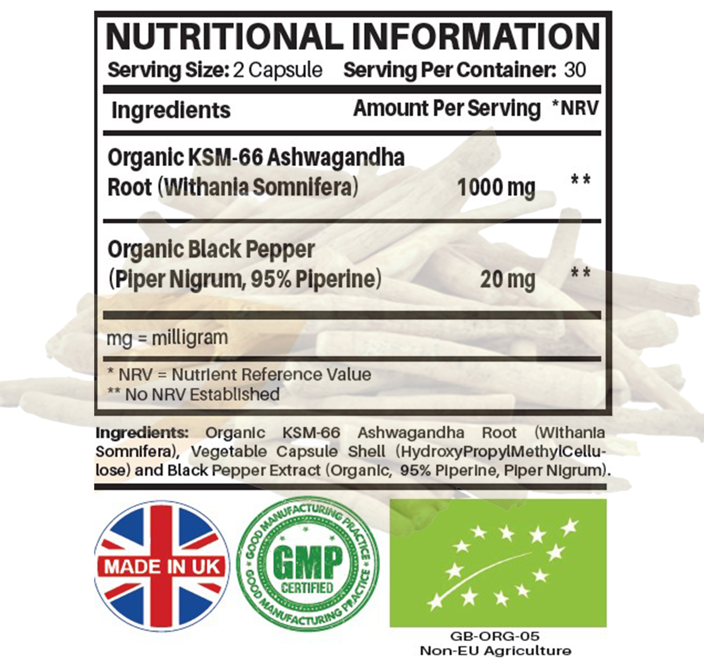 Organic Ashwagandha KSM-66® 1000mg | with Organic Black Pepper | 60 Vegan Capsules