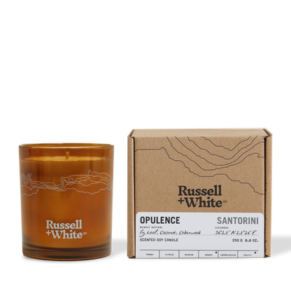 Brown candle with 'Russell + White' branding next to its packaging on a white background