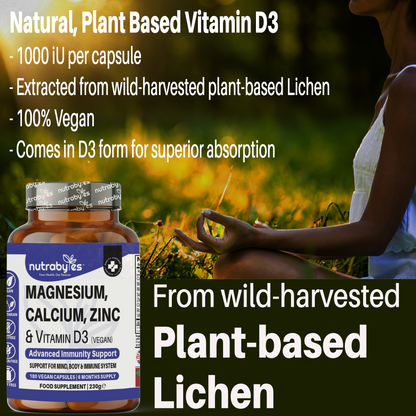 Magnesium, Calcium, Zinc & Vitamin D3 Complex | Advanced Immunity Support | 180 Vegan Capsules