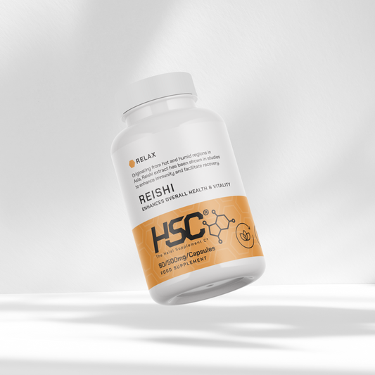 Supplement bottle labeled 'HSC Reishi' on a white background