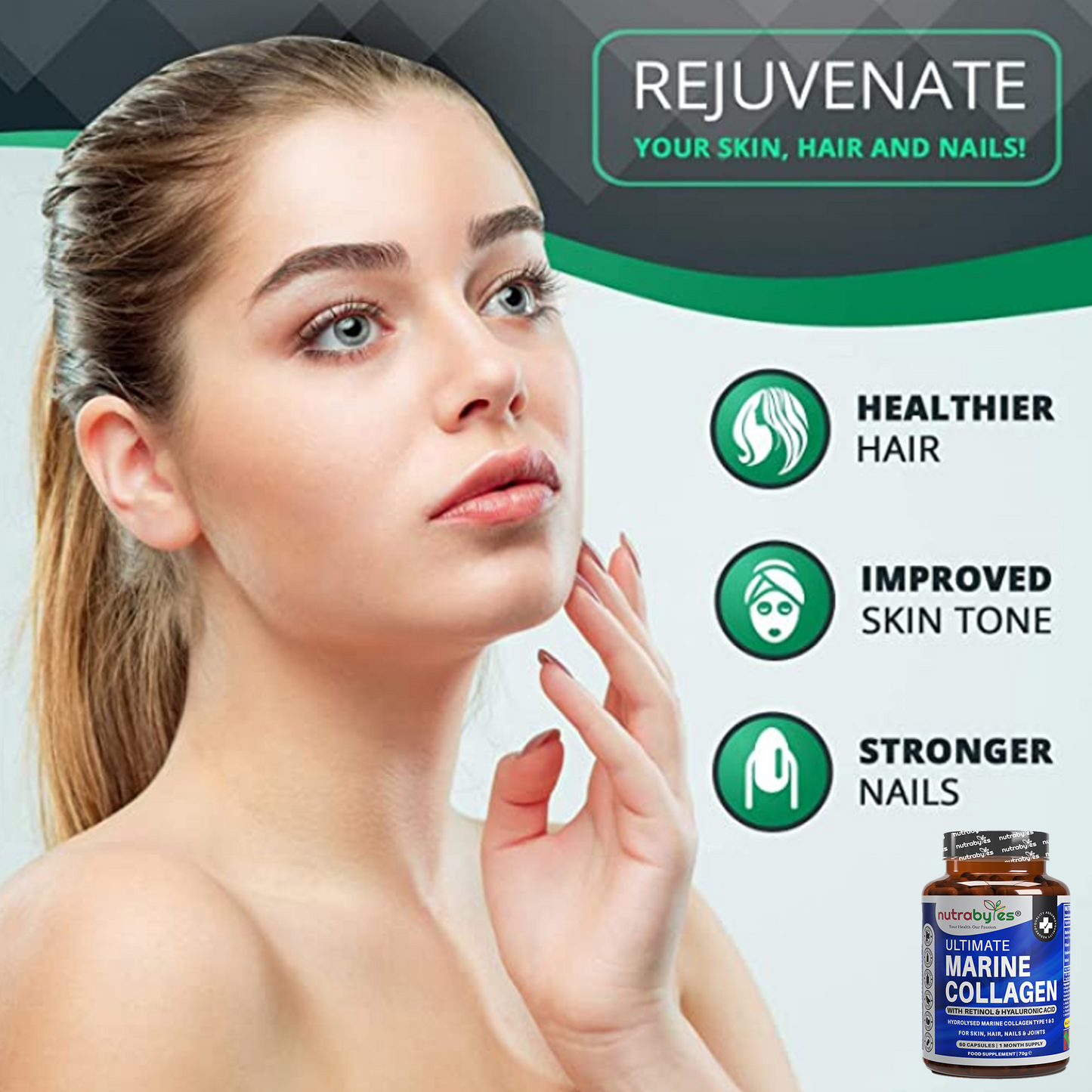 Ultimate Marine Collagen Capsules | Hyaluronic Acid, Vitamin C & Retinyl Acetate | 60 Capsules | 1-Month Supply