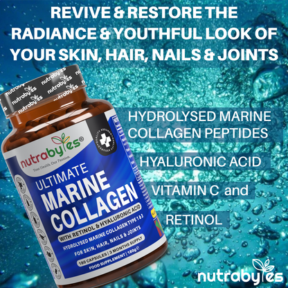 Ultimate Marine Collagen Capsules | Hyaluronic Acid, Vitamin C & Retinyl Acetate | 180 Capsules | 3-Month Supply