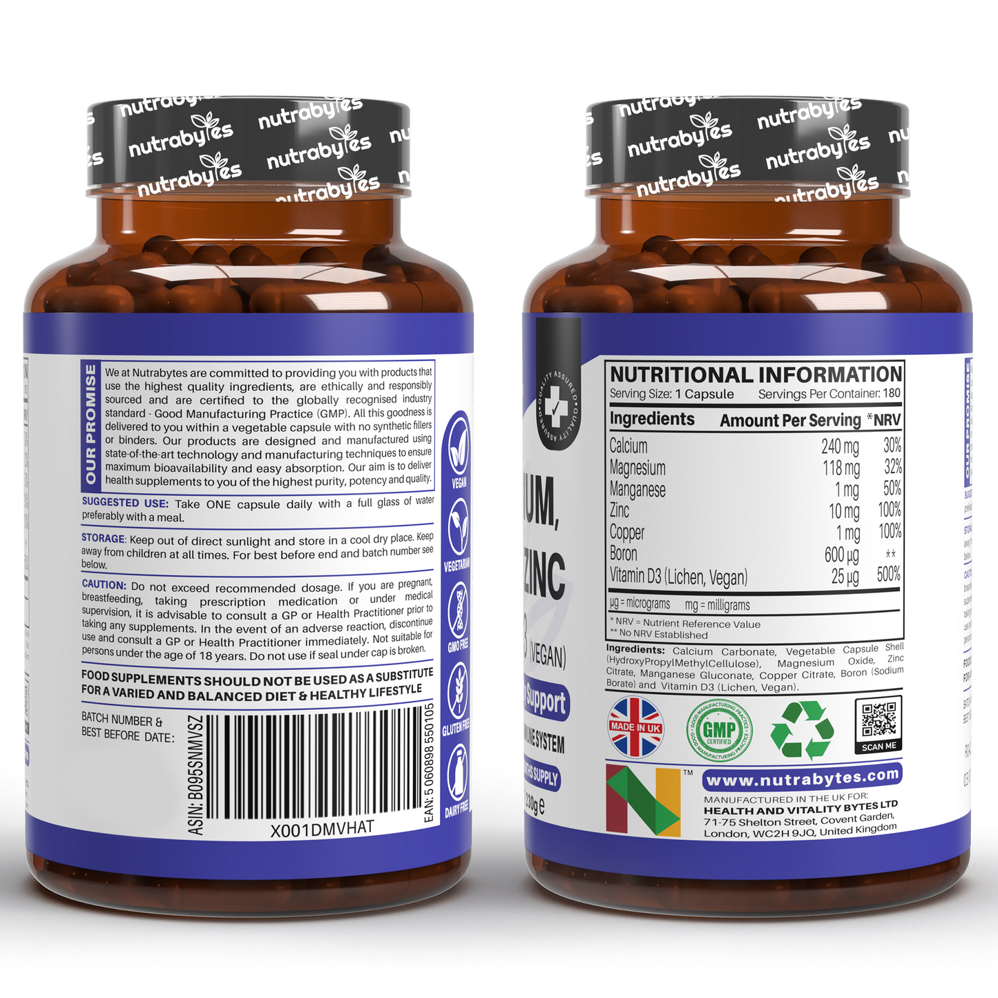 Magnesium, Calcium, Zinc & Vitamin D3 Complex | Advanced Immunity Support | 180 Vegan Capsules