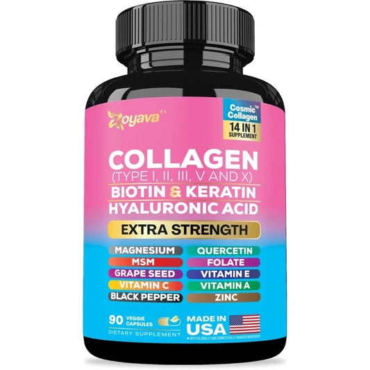 Supplement bottle with pink label featuring collagen and other health benefits on a white background