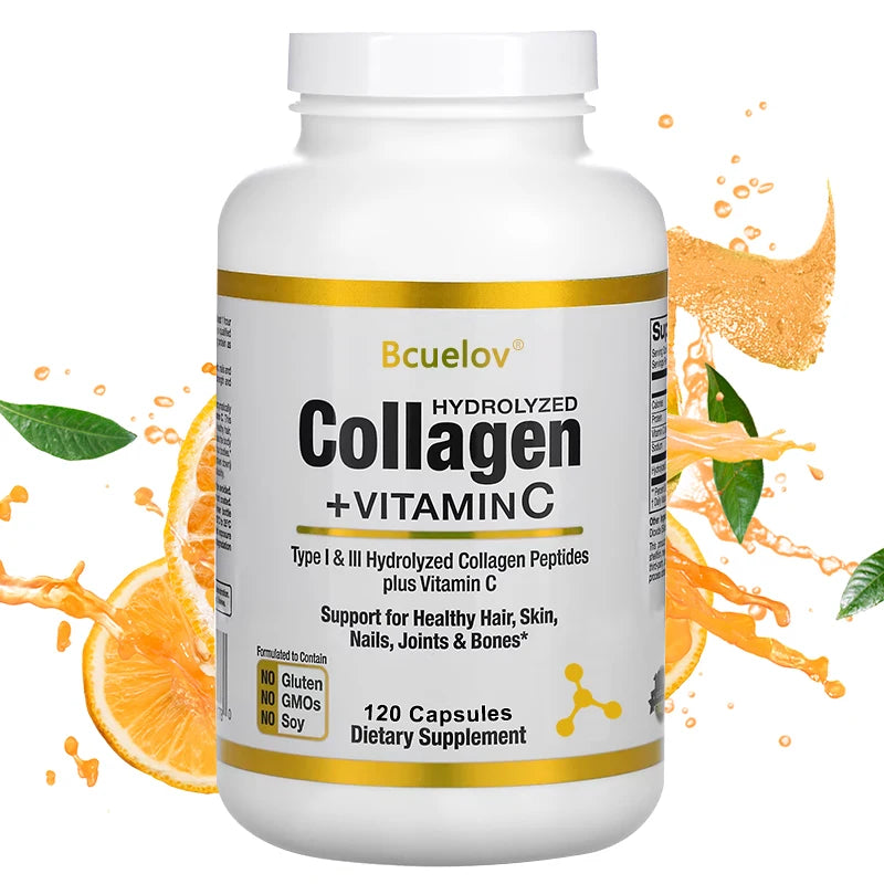 Bcuelov Collagen + Vitamin C supplement bottle with orange slices and leaves on a white background