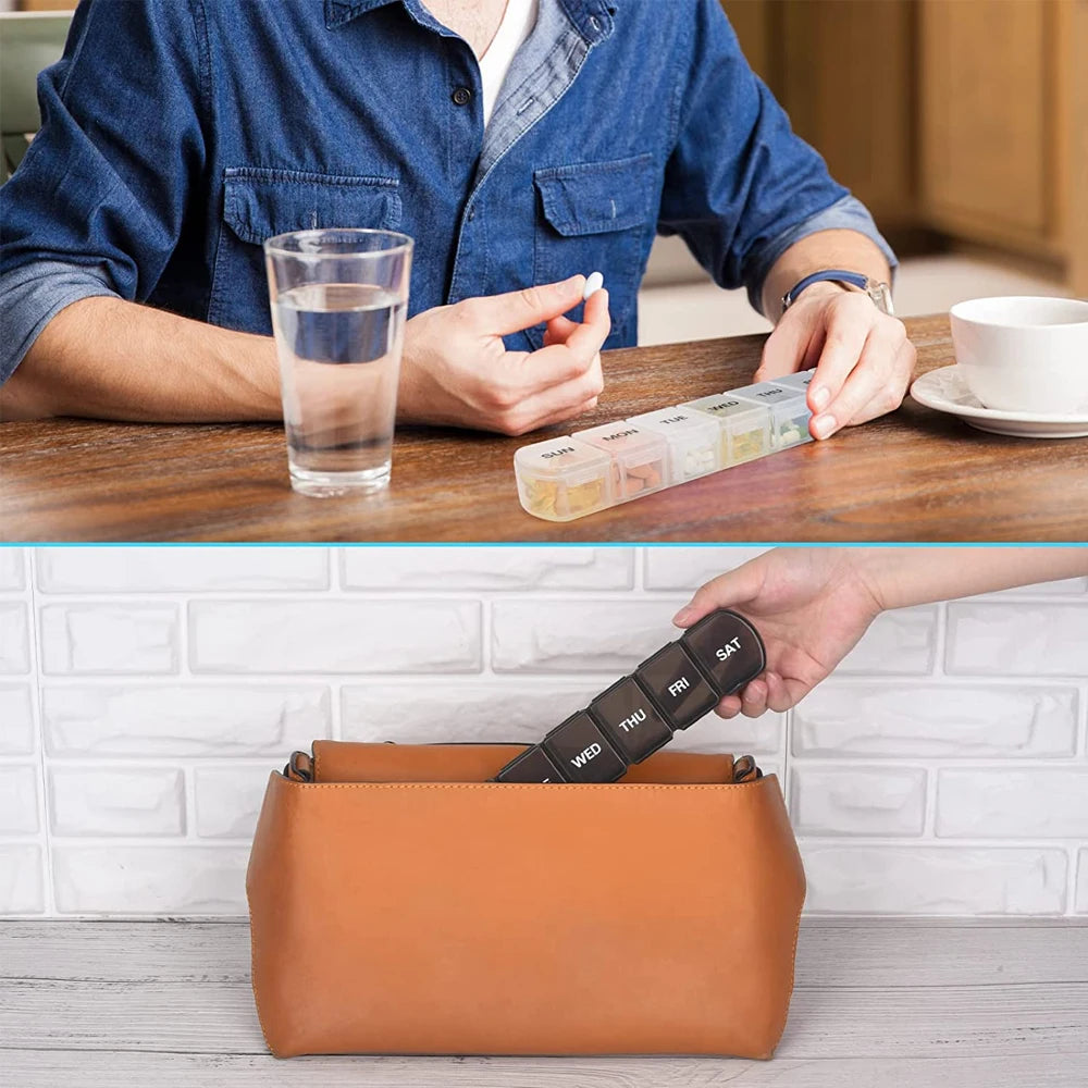Small weekly pill organizer - portable vitamin storage container
