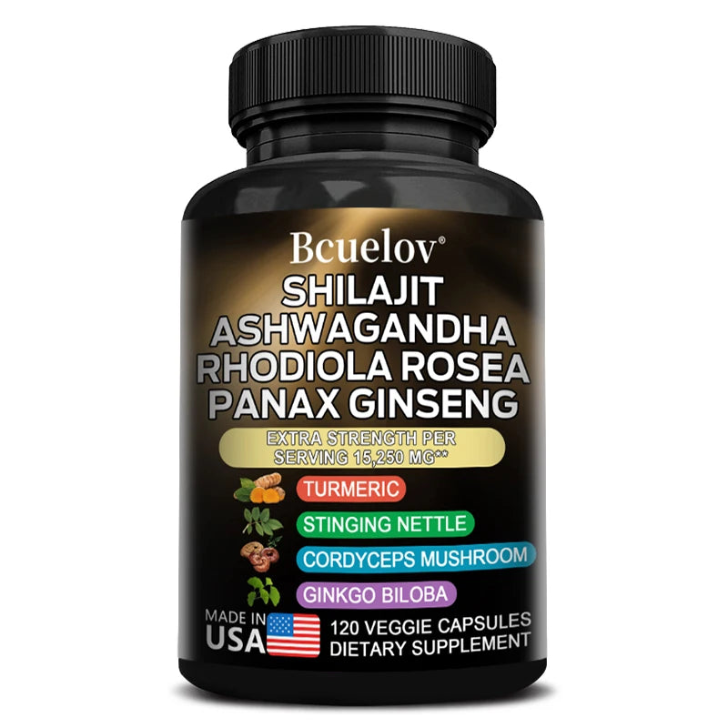 Supplement bottle labeled 'Bcuelov' with various health benefits on a white background