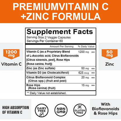 Vitamin C + Zinc Supplement Capsules - 120 Count