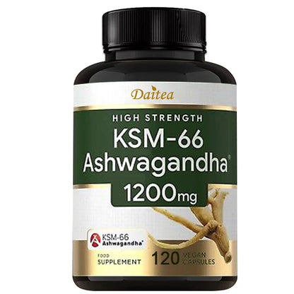Bottle of Daitea KSM-66 Ashwagandha supplement on a white background