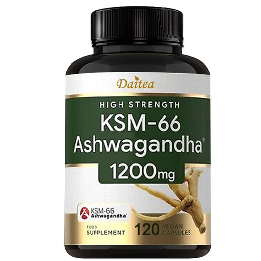 Bottle of Daitea KSM-66 Ashwagandha supplement on a white background