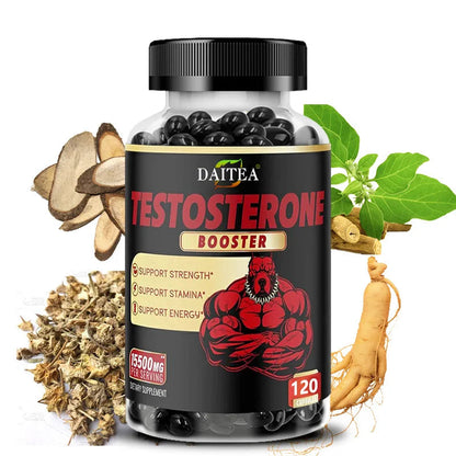 Bottle of Daitea Testosterone Booster with herbal elements on a white background