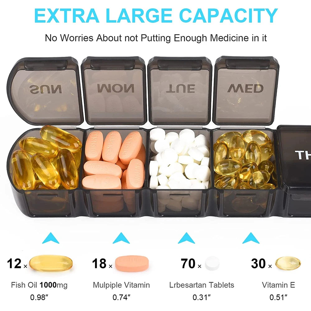 Weekly pill organizer packaging - 7 compartment medication storage
