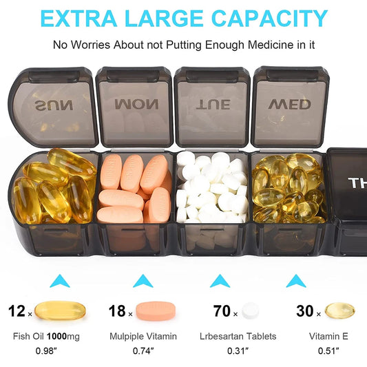 Weekly pill organizer packaging - 7 compartment medication storage
