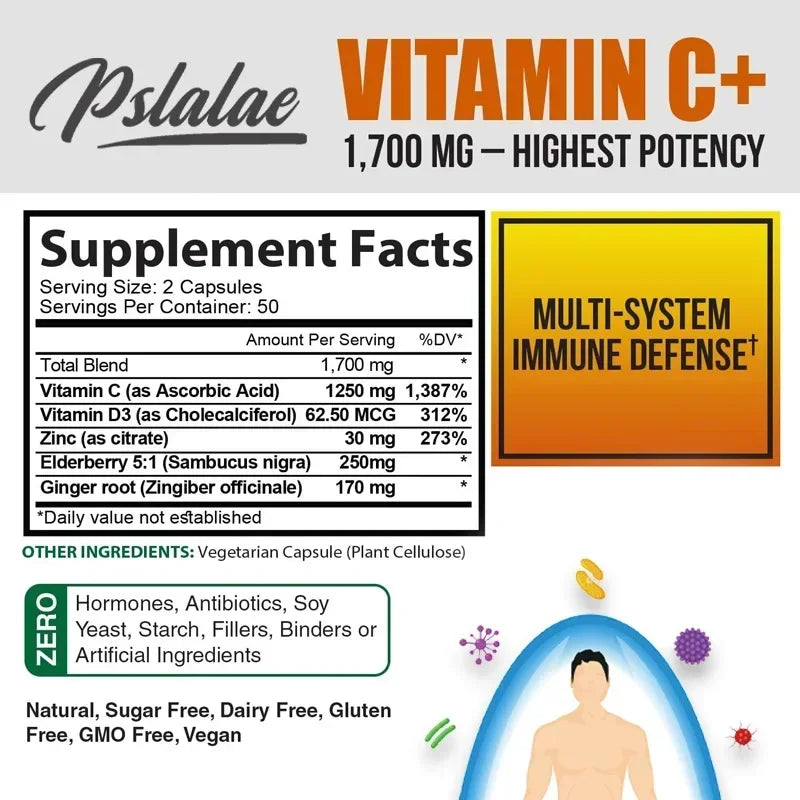 Vitamin C 1700mg supplement container - gluten-free vegan capsules
