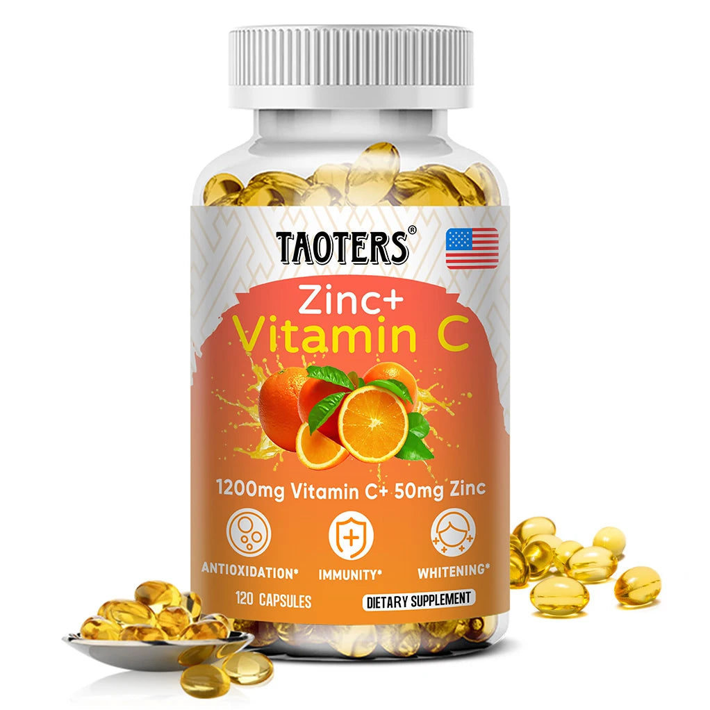 Bottle of Taoters Zinc + Vitamin C dietary supplement with orange label on a white background