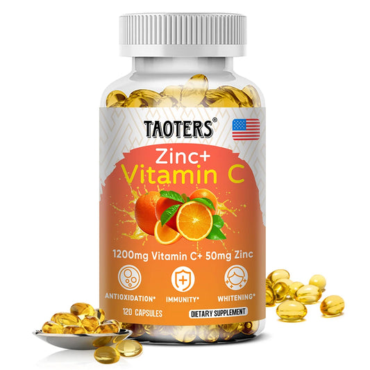 Bottle of Taoters Zinc + Vitamin C dietary supplement with orange label on a white background