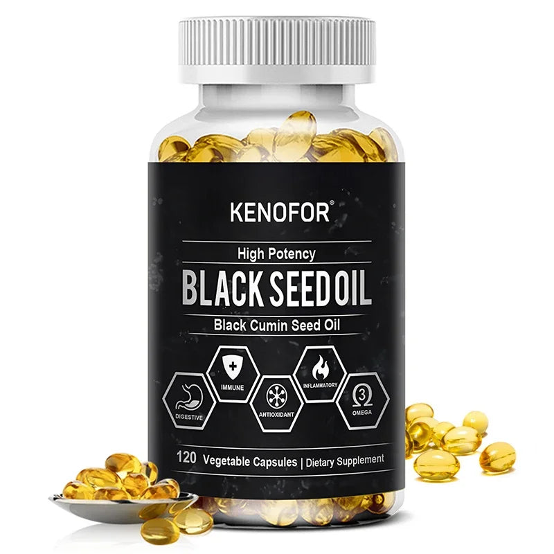 Bottle of Kenofor Black Seed Oil capsules with visible label and scattered capsules on a white background