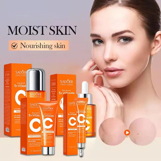 Set de cuidado de la piel con vitamina C (5 unidades): limpiador, loción, contorno de ojos y sérum facial.
