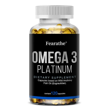 Bottle of Fearathe Omega 3 Platinum dietary supplement on a white background