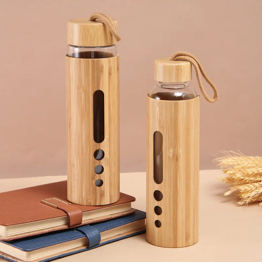 Botella de agua de vidrio de 500 ml con funda de bambú - Artículos ecológicos