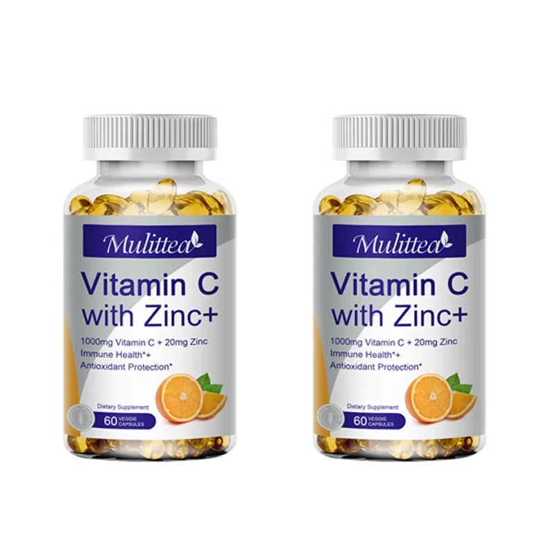Two bottles of Multivitam Vitamin C with Zinc on a white background