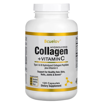 Bcuelov Collagen + Vitamin C supplement bottle on a white background