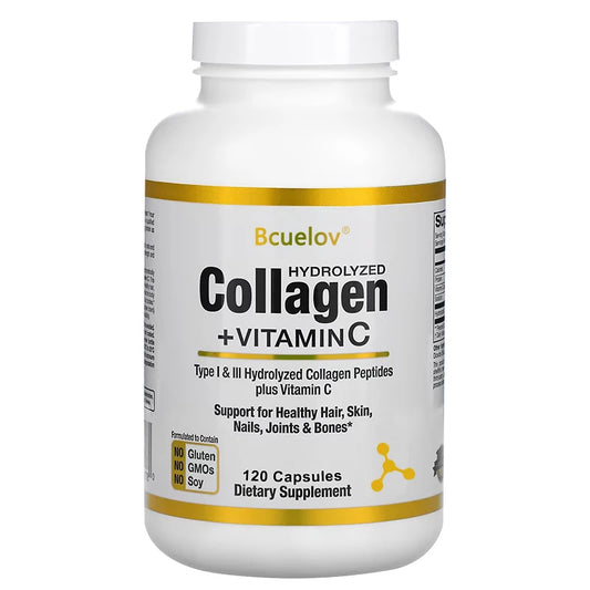 Bcuelov Collagen + Vitamin C supplement bottle on a white background