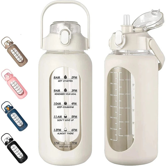 Botella de agua de vidrio de 1000 ml con pajita y funda de silicona - Botella deportiva