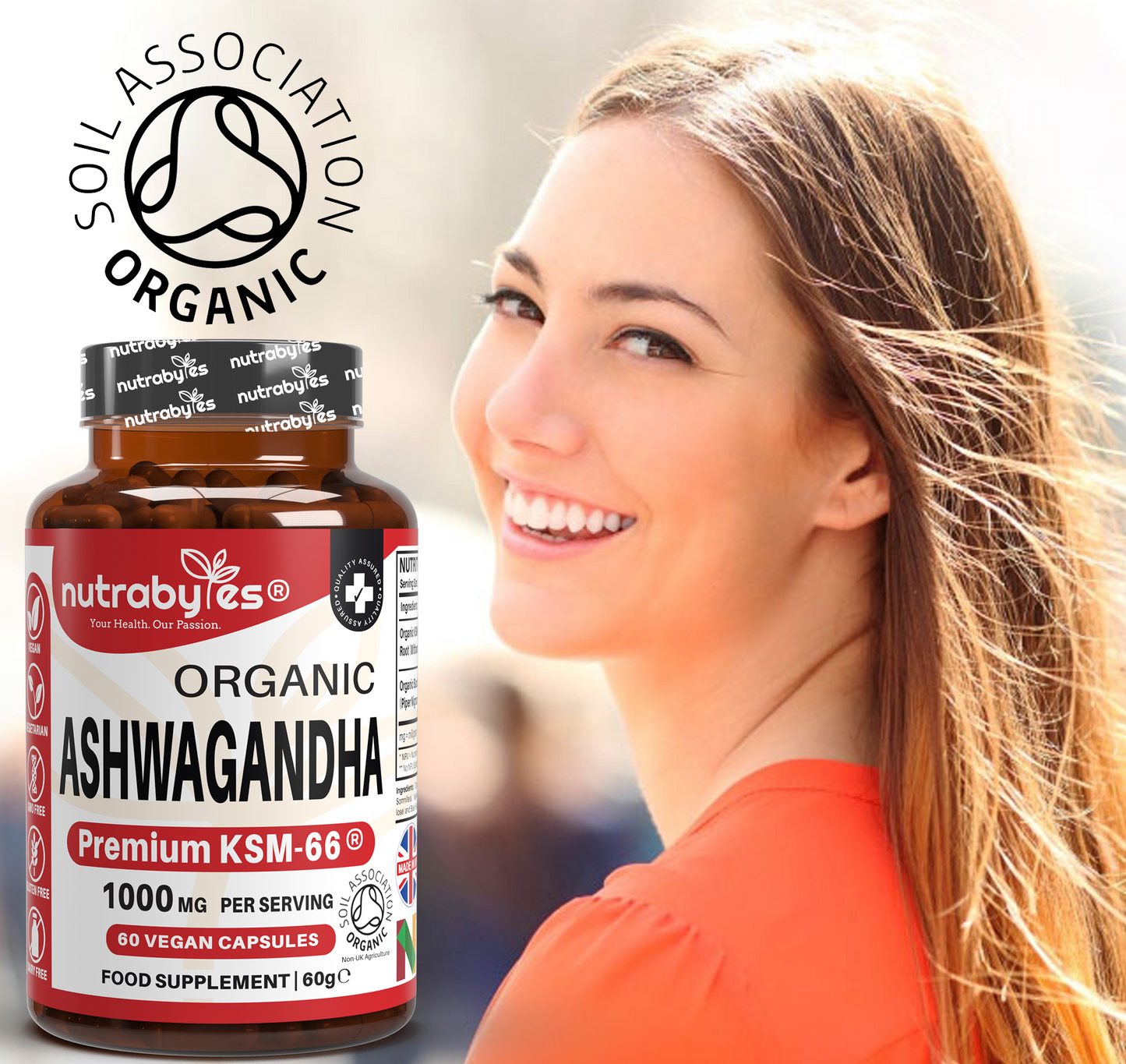 Organic Ashwagandha KSM-66® 1000mg | with Organic Black Pepper | 60 Vegan Capsules